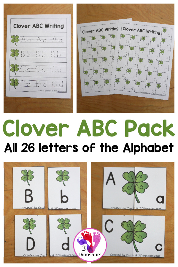 Free Clover ABC Pack - Matching ABC cards, ABC matching puzzles, uppercase tracing chart, lowercase ABC tracing chart and handwriting pages - 3Dinosaurs.com