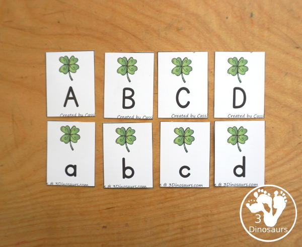 Free Clover ABC Pack - Matching ABC cards, ABC matching puzzles, uppercase tracing chart, lowercase ABC tracing chart and handwriting pages - 3Dinosaurs.com