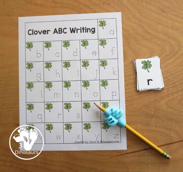 Free Clover ABC Pack - Matching ABC cards, ABC matching puzzles, uppercase tracing chart, lowercase ABC tracing chart and handwriting pages - 3Dinosaurs.com