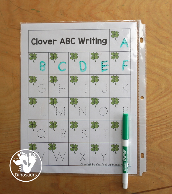 Free Clover ABC Pack - Matching ABC cards, ABC matching puzzles, uppercase tracing chart, lowercase ABC tracing chart and handwriting pages - 3Dinosaurs.com