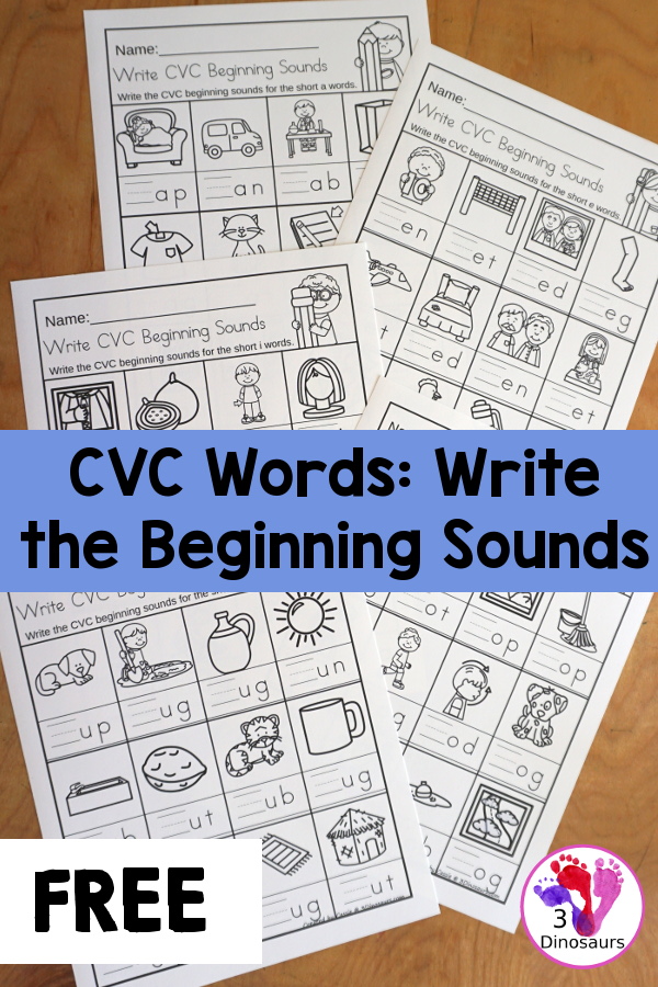 Free CVC Word Family Write the Beginning Sounds No-Prep Worksheet - 5 fun worksheets all working with CVC words with 5 pages by each vowel with 12 pictures for them to write matching beginning sounds - 3Dinosaurs.com #3dinosaurs #kindergarten #firstgrade #learingtoread #cvcwordfamily #freeprintable