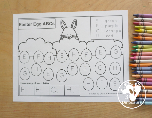 Free Easter ABC Color & Count Printable - You have four letters on each page with uppercase letters. You find and color the eggs based on the color code and then count how many of each letter  - 3Dinosaurs.com