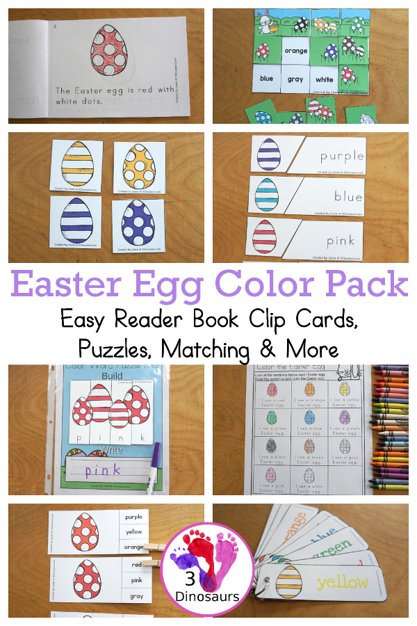 Easter Egg Color Pack - You have easy reader book, clip cards, writing, tracing, bookmarks, puzzles and more. All with Easter eggs in 11 different colors. - 3Dinosaurs.com