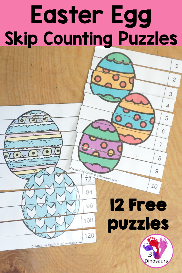 Free Easter Skip Counting Puzzles - 12 Printable Puzzles with each puzzle skip counting 10 times that you can use in first grade, second grade, and third grade for an Easter Math Center - 3Dinosaurs.com