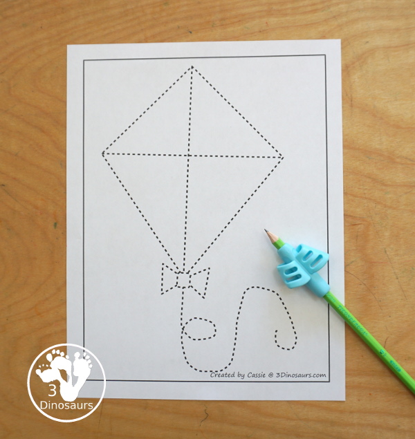 Free Kite Fine Motor Mat - a fun fine motor mat set for spring. You have kite templates, kite tracing, kite dot markers, and kite q-tip printables. All fun to use for a spring theme for fine motor centers of different kids.- 3Dinosaurs.com