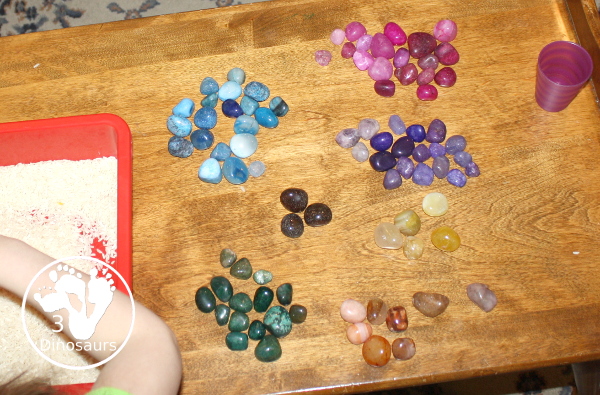 Rock & Rice Sensory Bin - sorting rocks by color - 3Dinosaurs.com