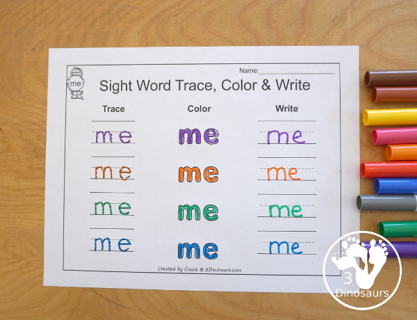Romping & Roaring Preprimer Sight Words: look, make, me, my-  6 pages of activities for each preprimer sight words: look, make, me, my. These are great for easy to use learning centers - 3Dinosaurs.com
