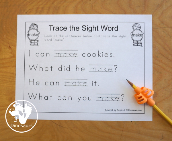 Romping & Roaring Preprimer Sight Words: look, make, me, my-  6 pages of activities for each preprimer sight words: look, make, me, my. These are great for easy to use learning centers - 3Dinosaurs.com
