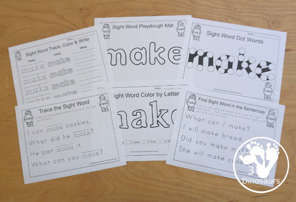Romping & Roaring Preprimer Sight Words: look, make, me, my-  6 pages of activities for each preprimer sight words: look, make, me, my. These are great for easy to use learning centers - 3Dinosaurs.com