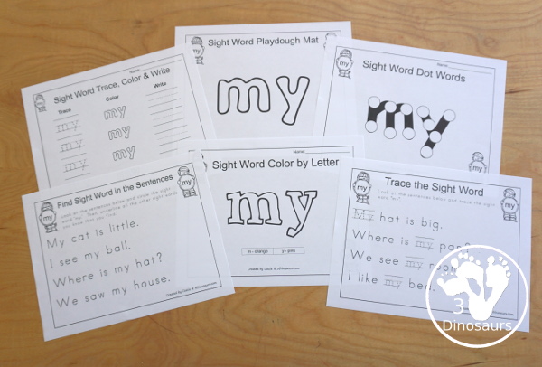 Romping & Roaring Preprimer Sight Words: look, make, me, my-  6 pages of activities for each preprimer sight words: look, make, me, my. These are great for easy to use learning centers - 3Dinosaurs.com