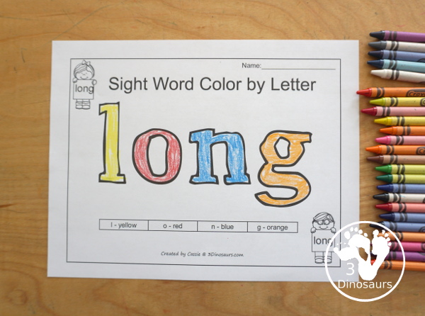 Free Romping & Roaring Third Grade Sight Words Packs Set 6: Kind, Laugh, Light, Long - color by letter worksheet with each letter having its own color - 3Dinosaurs.com