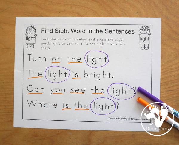 Free Romping & Roaring Third Grade Sight Words Packs Set 6: Kind, Laugh, Light, Long - color by letter worksheet with each letter having its own color - 3Dinosaurs.com