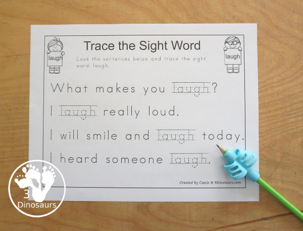 Free Romping & Roaring Third Grade Sight Words Packs Set 6: Kind, Laugh, Light, Long - Trace the sight word in the sentence is a great handwriting sight word worksheet - 3Dinosaurs.com