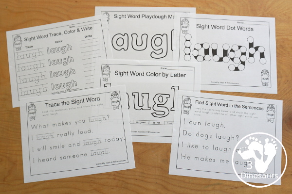 Free Romping & Roaring Third Grade Sight Words Packs Set 6: Kind, Laugh, Light, Long - 6 pages of activities for each third Grade sight words: kind, laugh, light, long. These are great for easy to use learning centers - 3Dinosaurs.com