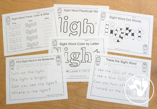 Free Romping & Roaring Third Grade Sight Words Packs Set 6: Kind, Laugh, Light, Long - 6 pages of activities for each third Grade sight words: kind, laugh, light, long. These are great for easy to use learning centers - 3Dinosaurs.com