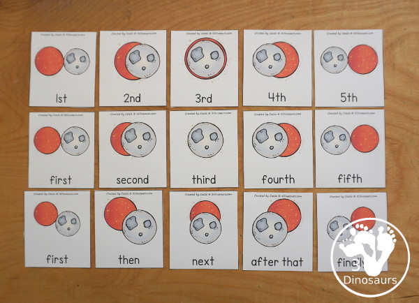 Solar Eclipse Sequencing: Partial, Annular, and Total Eclipse with writing, reading, clip cards, number order card with lots of writing and variations for the five part sequencing printables for eclipses - 3Dinosaurs.com
