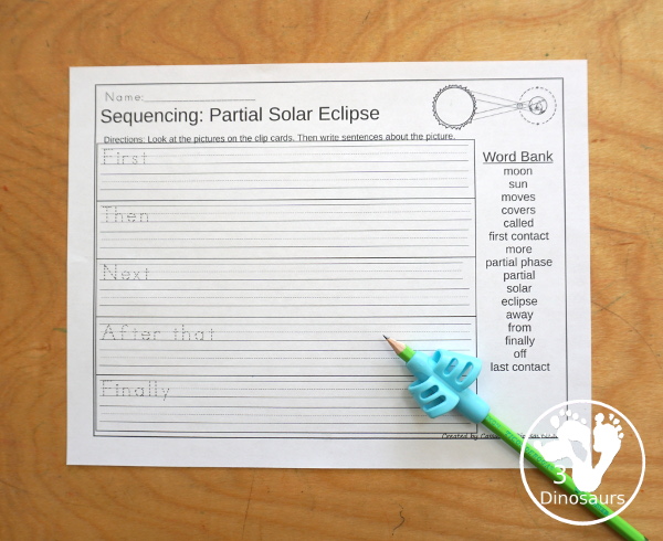 Solar Eclipse Sequencing: Partial, Annular, and Total Eclipse with writing, reading, clip cards, number order card with lots of writing and variations for the five part sequencing printables for eclipses - 3Dinosaurs.com