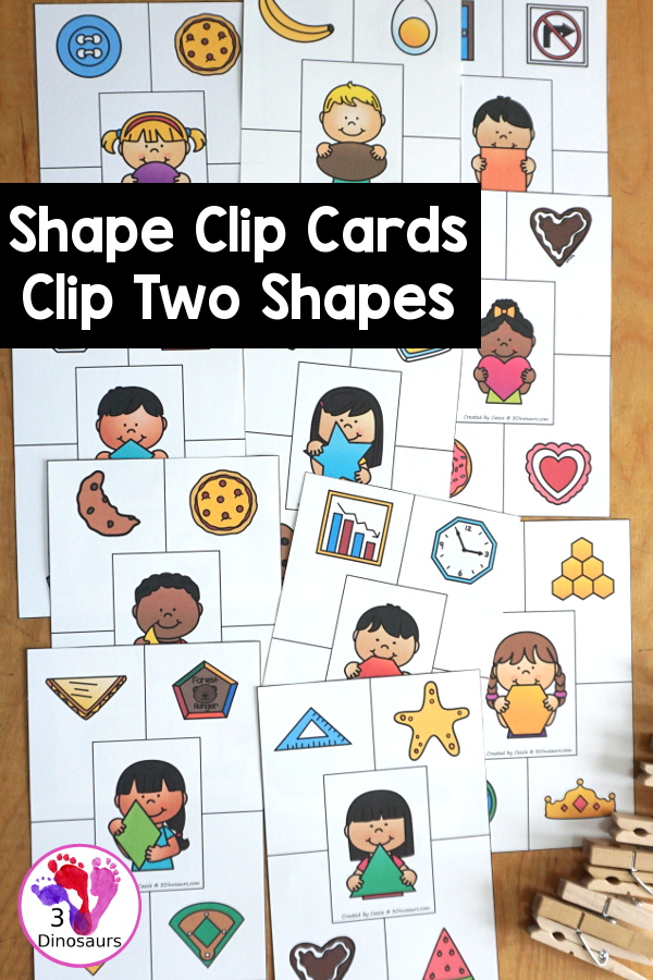 Free Shape Clip Card Printables - Clip the Same Shape - You have 12 shapes clip cards with two shapes to clip on each card with a kid in the middle holding the shape - 3Dinosaurs.com