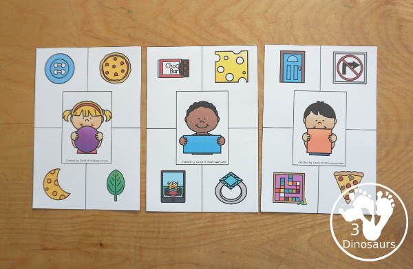 Free Shape Clip Card Printables - Clip the Same Shape - You have 12 shapes clip cards with two shapes to clip on each card with a kid in the middle holding the shape - 3Dinosaurs.com