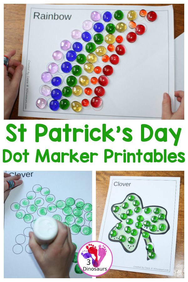 Free St Patrick's Day Dot Marker Printable - has dot marker letters with tracing, dot marker pictures and pictures with dots on them for PreK and kindergarten - 3Dinosaurs.com