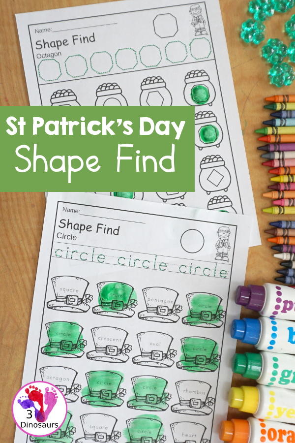 St Patrick's Day Shape Find  has two types of shape finds with geometric shapes and shape word finds. You have tracing the shape at the top and then finding the shape below - 3Dinosaurs.com