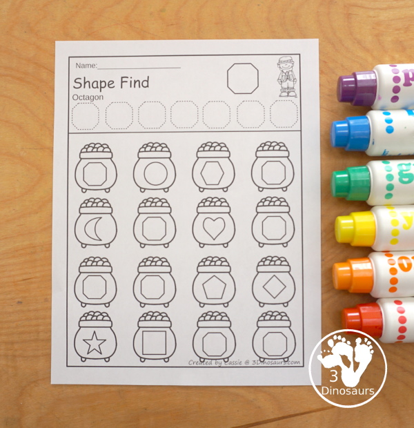 St Patrick's Day Shape Find  has two types of shape finds with geometric shapes and shape word finds. You have tracing the shape at the top and then finding the shape below - 3Dinosaurs.com
