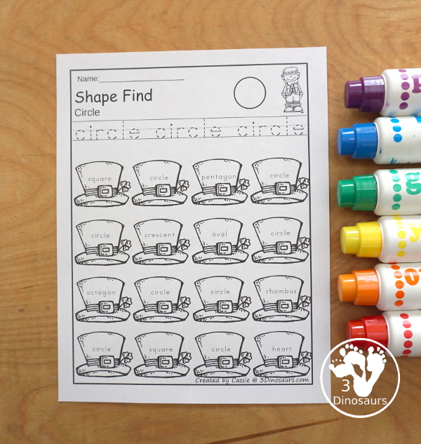 St Patrick's Day Shape Find  has two types of shape finds with geometric shapes and shape word finds. You have tracing the shape at the top and then finding the shape below - 3Dinosaurs.com