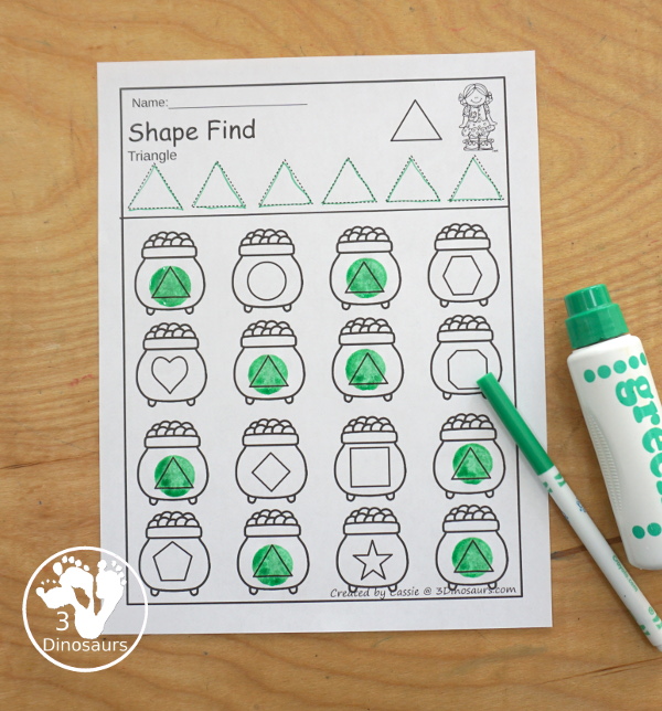 St Patrick's Day Shape Find has two types of shape finds with geometric shapes and shape word finds. You have tracing the shape at the top and then finding the shape below - 3Dinosaurs.com