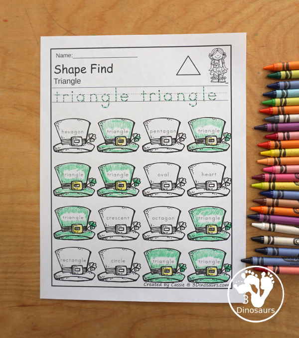 St Patrick's Day Shape Find  has two types of shape finds with geometric shapes and shape word finds. You have tracing the shape at the top and then finding the shape below - 3Dinosaurs.com