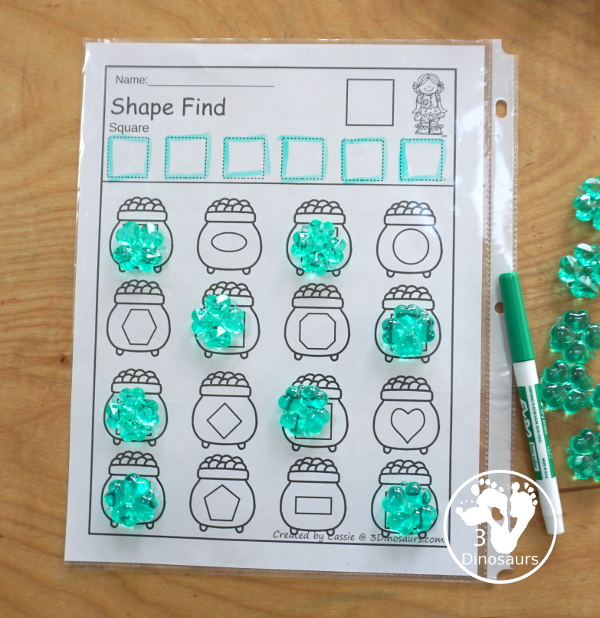 St Patrick's Day Shape Find  has two types of shape finds with geometric shapes and shape word finds. You have tracing the shape at the top and then finding the shape below - 3Dinosaurs.com