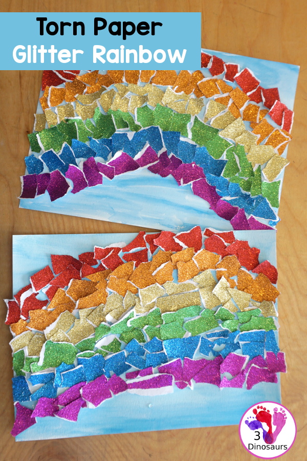 Torn Paper Glitter Rainbow with watercolor Sky Craft - a simple rainbow you can make with torn glitter paper and painting a watercolor background. A simple rainbow for kids prek to first grade - 3Dinosaurs.com