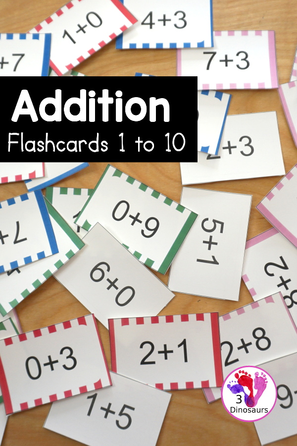 Free Addition Flashcards: addition from 1 to 10 with all the equations for each number. They are great for kindergarten, first grade, and second grade with ways to use with and five color options: white, pink, red, green, and blue - 3Dinosaurs.com