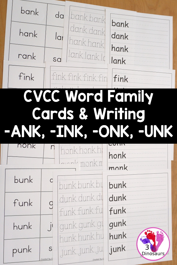 Free CVCC Word Family Cards & Writing - ANK, INK, ONK, UNK. You have flashcards, writing worksheets and tracing worksheet for kids to use to work on -nk words. These are great for first grade and second grade learning to read printables - 3Dinosaurs.com