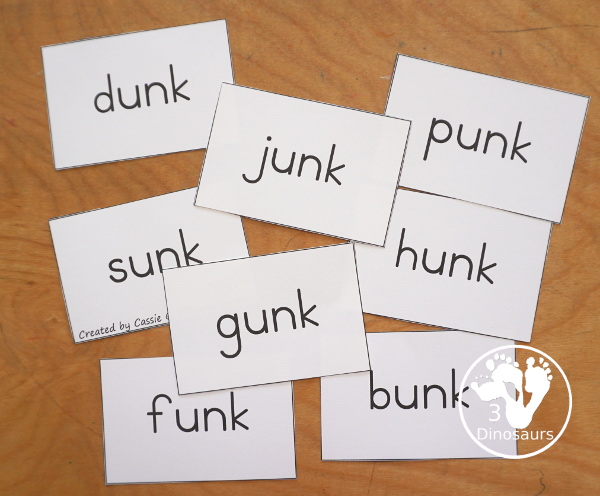 Free CVCC Word Family Cards & Writing - ANK, INK, ONK, UNK. You have flashcards, writing worksheets and tracing worksheet for kids to use to work on -nk words. These are great for first grade and second grade learning to read printables - 3Dinosaurs.com