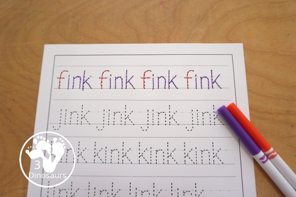 Free CVCC Word Family Cards & Writing - ANK, INK, ONK, UNK. You have flashcards, writing worksheets and tracing worksheet for kids to use to work on -nk words. These are great for first grade and second grade learning to read printables - 3Dinosaurs.com