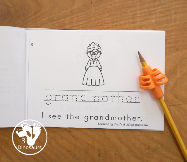 Free Little Red Riding Hood Easy Reader Book with tracing. This enjoyable 10-page book features various words from the story for kids to trace and then read the corresponding sentences. It is a super simple, easy reader book for children based on the Little Red Riding Hood story. - 3Dinosaurs.com