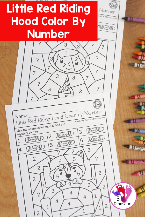 Free Little Red Riding Hood Color By Number Printable - five pictures to color with a color by code with numbers at the top with 3 to 7 colors for each picture- 3Dinosaurs.com