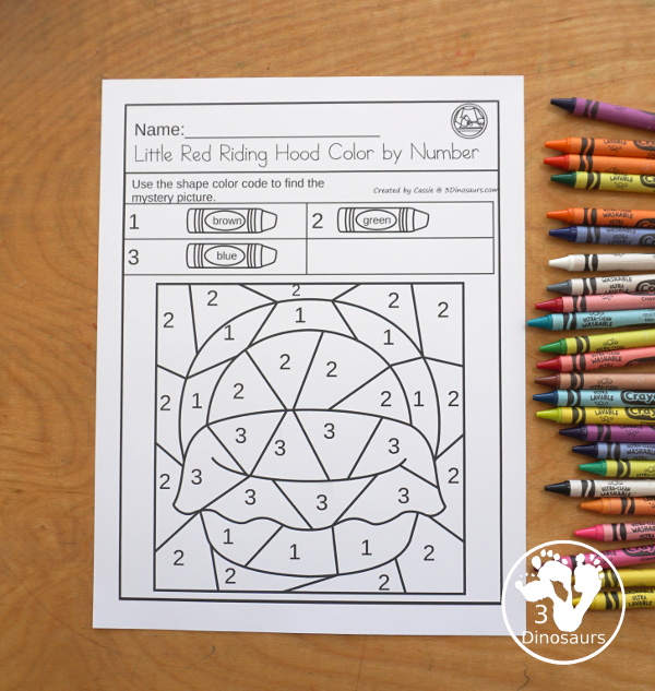 Free Little Red Riding Hood Color By Number Printable - five pictures to color with a color by code with numbers at the top with 3 to 7 colors for each picture- 3Dinosaurs.com