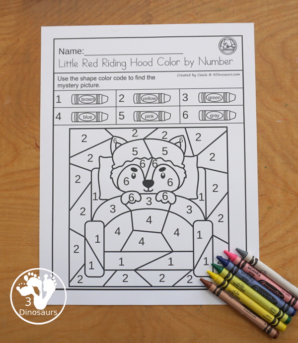 Free Little Red Riding Hood Color By Number Printable - five pictures to color with a color by code with numbers at the top with 3 to 7 colors for each picture- 3Dinosaurs.com