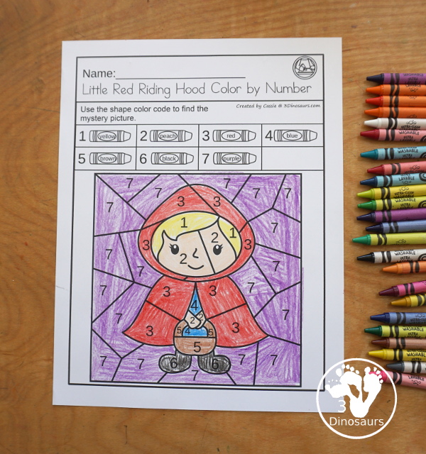Free Little Red Riding Hood Color By Number Printable - five pictures to color with a color by code with numbers at the top with 3 to 7 colors for each picture- 3Dinosaurs.com