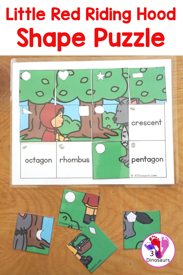 Free Little Red Riding Hood Shape Puzzle Printable for kids with matching geometric shape to the shape word on the mat. A great shape and Little Red Riding Hood printable for kids learning shapes. Plus fun theme for kids - 3Dinosaurs.com