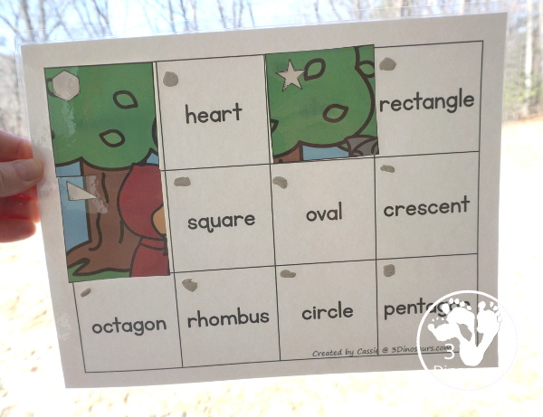 Free Little Red Riding Hood Shape Puzzle Printable for kids with matching geometric shape to the shape word on the mat. A great shape and Little Red Riding Hood printable for kids learning shapes. Plus fun theme for kids - 3Dinosaurs.com