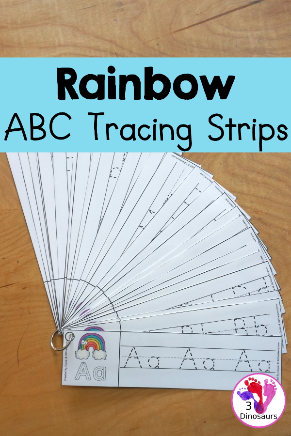 Free Rainbow ABC Tracing Strips - with uppercase and lowercase together. You have fun kids with a rainbow plus you can see an example of how to trace the letters - 3Dinosaurs.com