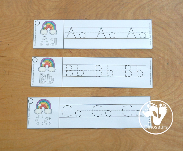 Free Rainbow ABC Tracing Strips - with uppercase and lowercase together. You have fun kids with a rainbow plus you can see an example of how to trace the letters - 3Dinosaurs.com