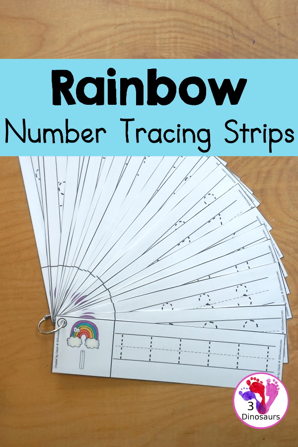 Free Rainbow Number Tracing Strips - with numbers 0 to 20. You can tracing the numbers and an example of how to trace the numbers on the strips, plus an rainbow on each tracing strip. - 3Dinosaurs.com