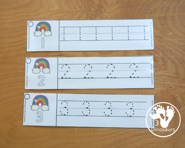 Free Rainbow Number Tracing Strips - with numbers 0 to 20. You can tracing the numbers and an example of how to trace the numbers on the strips, plus an rainbow on each tracing strip. - 3Dinosaurs.com