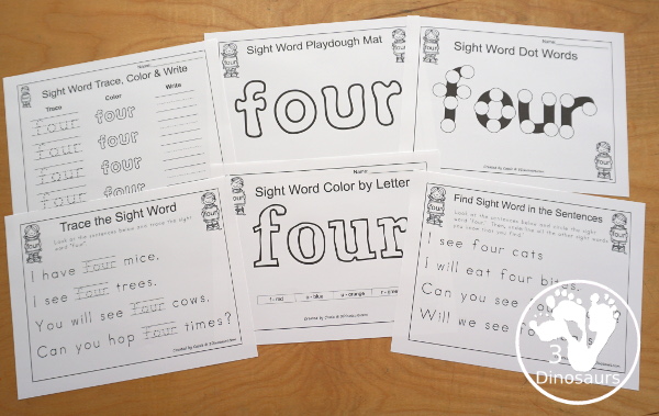 Romping & Roaring Primer Sight Word: Four - 6 pages of activities for the sight word four.  3Dinosaurs.com