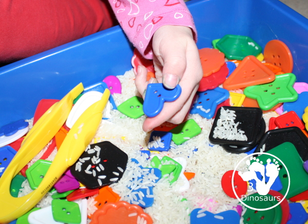 Shape Button Sensory Bin - a simple sensory bin made with rice base and different sizes of shape buttons. An easy shape sensory bin for prek and kindergarten. - 3Dinosaurs.com