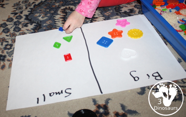 Shape Button Sensory Bin - a simple sensory bin made with rice base and different sizes of shape buttons. An easy shape sensory bin for prek and kindergarten. - 3Dinosaurs.com