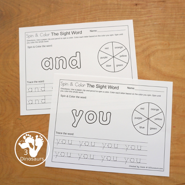 Easy No-Prep Sight Word Spin & Color Printable - all 220 Dolch Sight Words in an easy to use no-prep printable. You spin and color each letter of the word the color you spin. Then trace the words below. - 3Dinosaurs.com